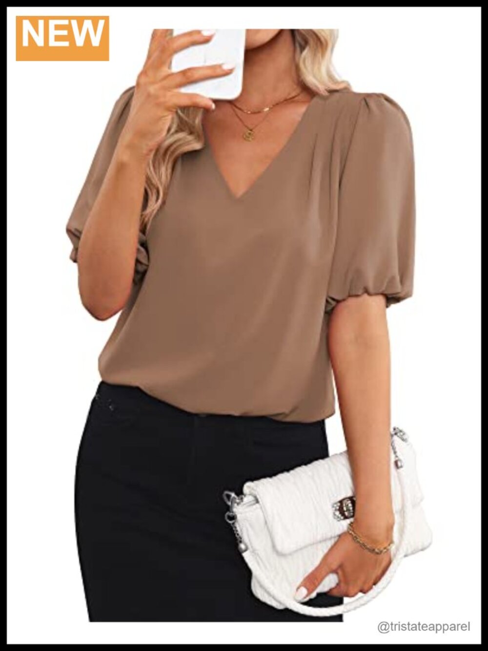 Business Casual Pleated V-Neck Puff Sleeve Blouse for Work Office